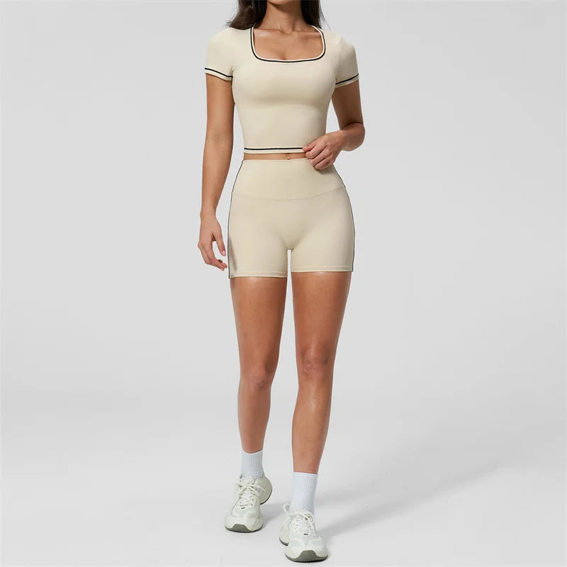 TRY TO BN 2 Pieces Women's Tracksuit Yoga Short Sleeves Top Sets High Waist Shorts Contrasting Color Running Fitness Gym Clothes