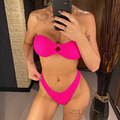 Wrinkled Bandeau High Cut Bikini Women Swimwear Female Swimsuit Two-pieces Bikini set Strapless Bather Bathing Suit Swim V3367