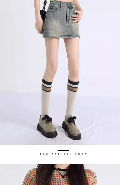 Sexy Retro Denim  Skirt Women's Anti-Light Versatile High Waist A-Line Slimming American Hot Girl Bodycon Half-length Ski...