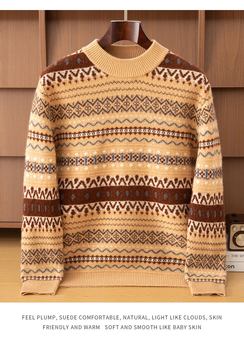 Autumn/Winter New Men's Sweater Jumper 100% Pure Wool Knitt Half High Neck Pullover Business Casual Jacquard Thickened Menswear
