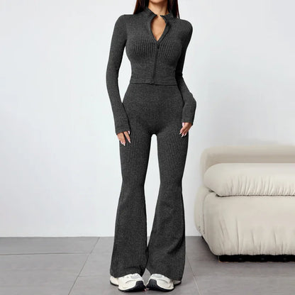 SOISOU 2 PCS Sport Running Sets Autumn Winter Women's Slim Yoga Outfit Long Sleeve Zip Jacket Flared Leggings Fitness Set