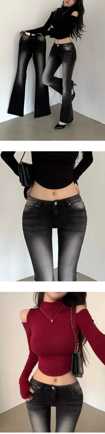 Low Waist Stretchy Slimming Long Legging Effect Bell Bottoms Korean Style Sexy Girl Jeans High Waist Slim Fit Faded Denim