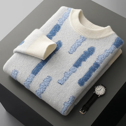 New 100% Pure Wool Men's O-neck Pullover 2025 Autumn/Winter Color Matching Top Casual Thick Fashion Large Size Jumper Sweater