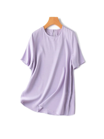 SuyaDream Women T Shirt 22mm Real Silk O Neck Short Sleeves Summer Tee 2025 New Chic Tops Pink Purple