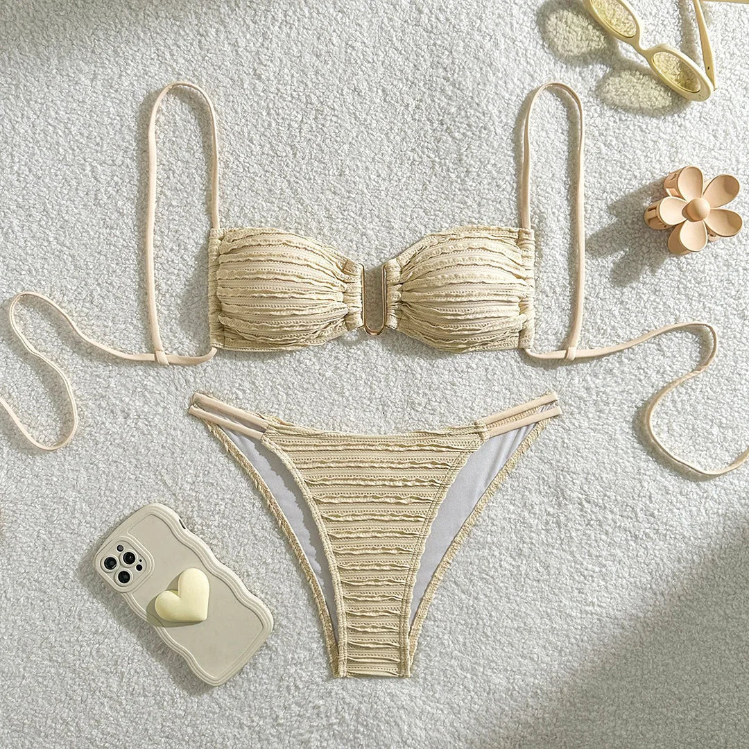 U Neck Wrinkled Crinkled Bikini Women Swimwear Female Swimsuit Two-pieces Bikini set High Cut Bather Bathing Suit Swim V5708B