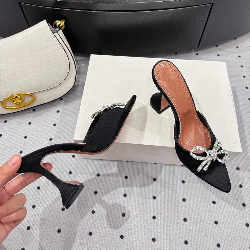 New Bow Rhinestone High-heeled Sandals Sexy Open-toed Fish Mouth Pointed Rear Empty Cool Slippers Women