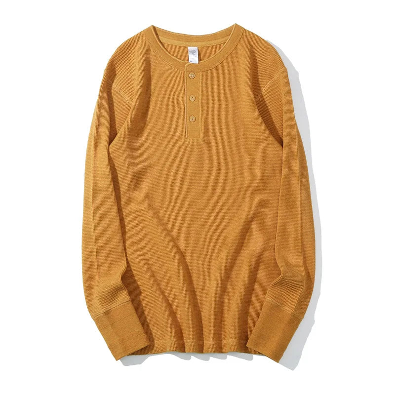 New Waffle Henry Collar Men Heavy Cotton T-shirt American Retro Fitness Solid Long-sleeved Bottoming Shirt Thick Soft Tshirts