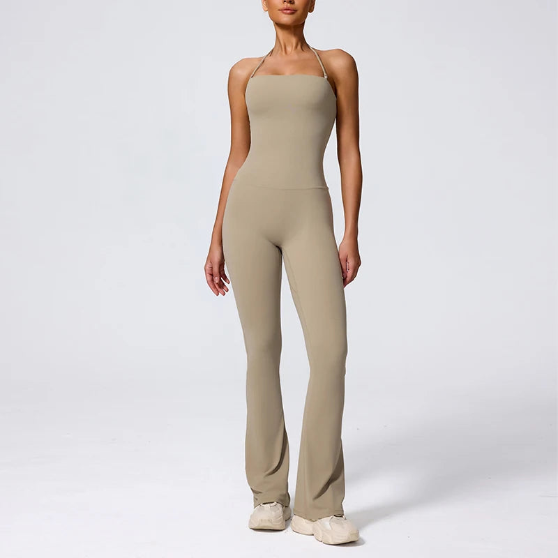 New Summer Women Sleeveless Hang Neck Jumpsuit Backless Flared Activewear Female Yoga Clothes Sport Outfit For Woman Overalls