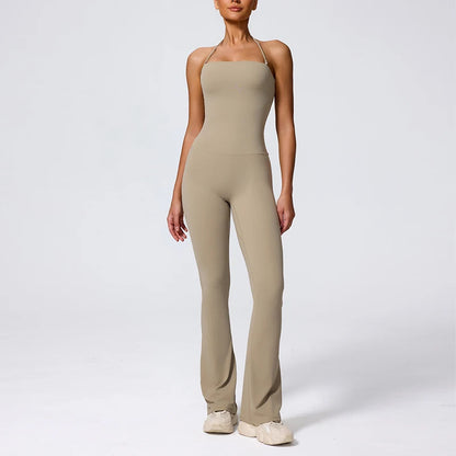 New Summer Women Sleeveless Hang Neck Jumpsuit Backless Flared Activewear Female Yoga Clothes Sport Outfit For Woman Overalls