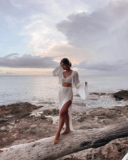 Sexy Knit Set White Cut Out Swimsuit Cover Up 2026 Women's Summer Bell Sleeve Lace-up Loose Top Beach Half Skirt Two-piece K136