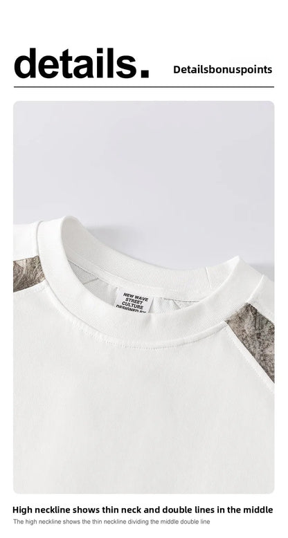 Custom LOGO men's summer camouflage splicing 240G quick-drying cotton polyester short-sleeved T-shirt loose sports shorts set