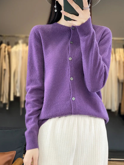100% Merino Wool Sweater Women O-Neck Cardigan Basic Style  Buttoned Knitwear Female Casual Autumn Winter Soft Tops