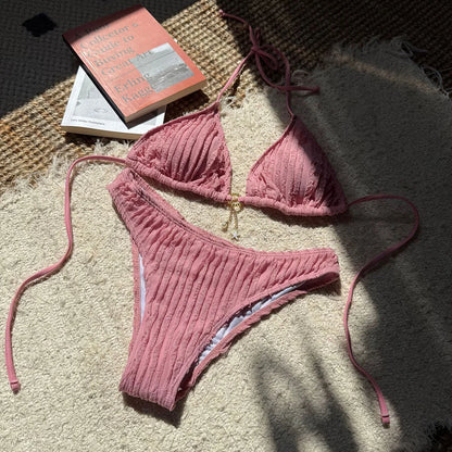 Wrinkled Halter Bikini Women Swimwear Female Swimsuit Two-pieces Bikini set Brazilian High Cut Bather Bathing Suit Swim V6209