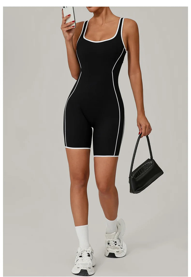 TRY TO BN Yoga Jumpsuit Sports Hollow Back Breathable Contrasting Color Bodysuit Fitness One Piece Set Running Gym Woman Clothes