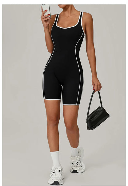 TRY TO BN Yoga Jumpsuit Sports Hollow Back Breathable Contrasting Color Bodysuit Fitness One Piece Set Running Gym Woman Clothes