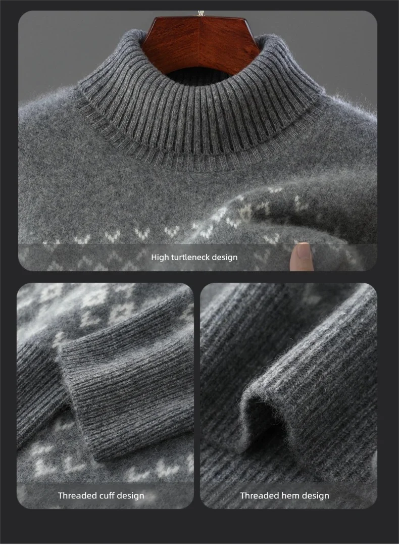 New 100% Pure Wool Cashmere Men's O-neck Pullover 2025 Autumn/Winter Color Matching Top Casual Thick Fashion Large Size Jacket