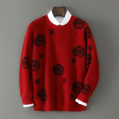 Men's 100% Pure Wool Sweater O-Neck Loose Pullover Autumn/Winter New Embroidery Business Casual Cashmere Tops Knit Bottom Shirt