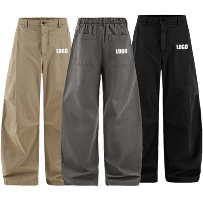Custom LOGO men's clothing 98% cotton pleated tooling wide-leg pants autumn new loose casual men's trousers