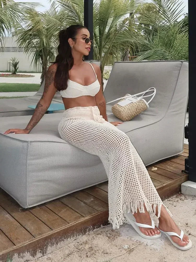 Sexy Summer Knit Cut Out Beach Half Skirt Women Chic Drawstring Fringed Casual Wrap Skirts 2026 Pool Party Swimwear Cover Up K50