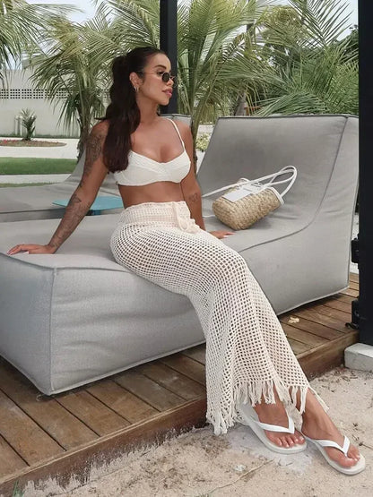 Sexy Summer Knit Cut Out Beach Half Skirt Women Chic Drawstring Fringed Casual Wrap Skirts 2026 Pool Party Swimwear Cover Up K50