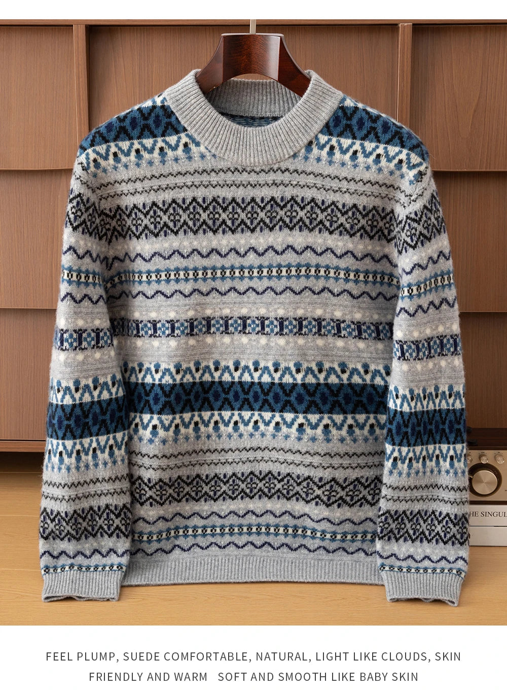 Autumn/Winter New Men's Sweater Jumper 100% Pure Wool Knitt Half High Neck Pullover Business Casual Jacquard Thickened Menswear