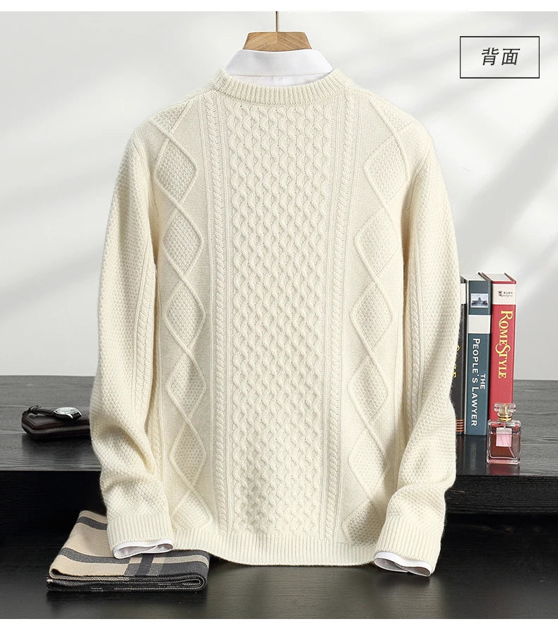 Men's 100% Cashmere Sweater Round Neck Autumn Winter Warm Clothing Jacquard Checkered Pullover Sweater Knitted Bottom Shirt Tops