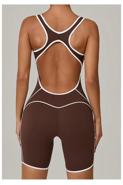 TRY TO BN Yoga Jumpsuit Sports Hollow Back Breathable Contrasting Color Bodysuit Fitness One Piece Set Running Gym Woman Clothes