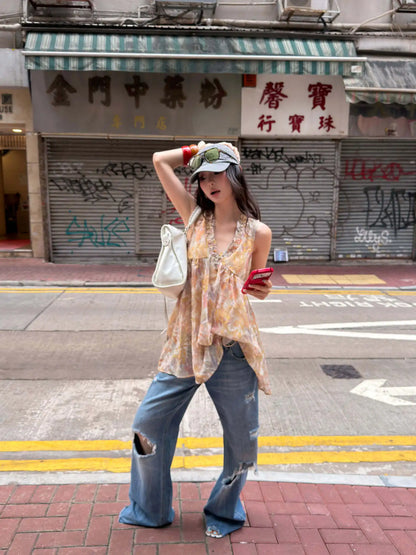 DEAT Fashion Distressed Ripped Wide Leg Jeans Women's Low Waist Frayed Hem Blue Denim Pants Summer New 7A4508
