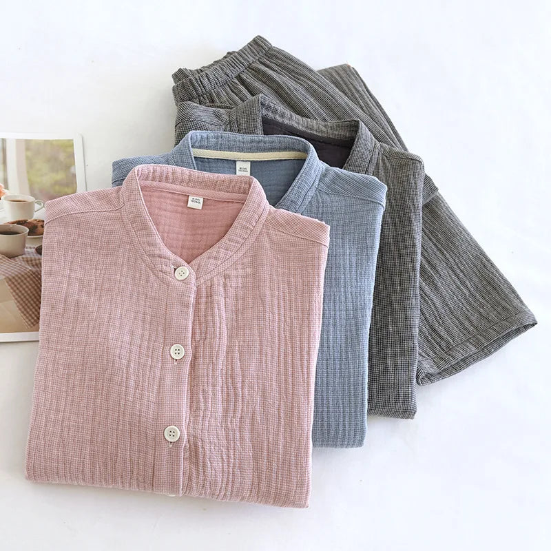 2026 Spring and Autumn New Couple Pajama Set 100% Pure Cotton Crepe Cloth Men's and Women's Stand up Neck Simple Home Clothing