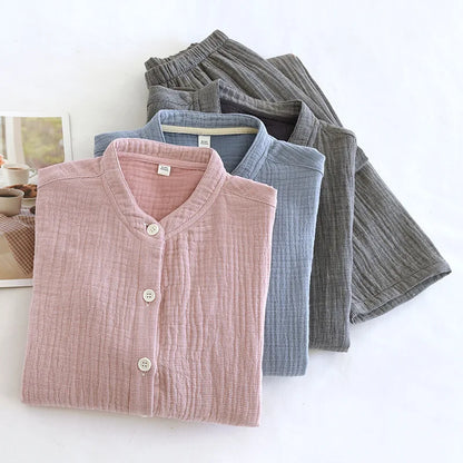 2026 Spring and Autumn New Couple Pajama Set 100% Pure Cotton Crepe Cloth Men's and Women's Stand up Neck Simple Home Clothing