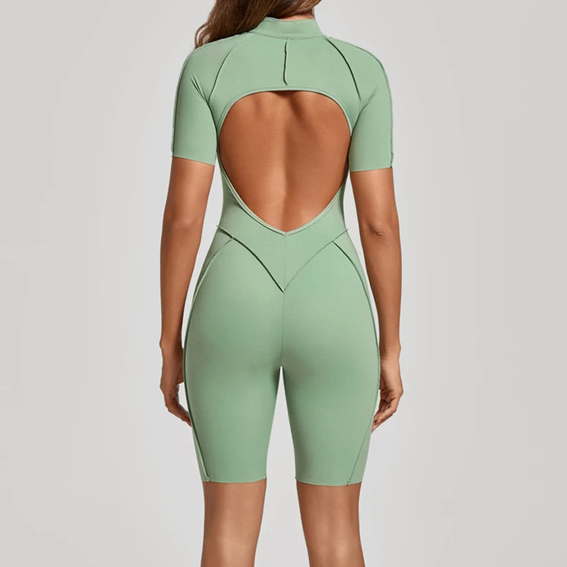 VITALINOVO Women Short Sleeve Workout Jumpsuit Backless Zip Up Romper Bottom Shorts Built-in Bra Bodysuit Bodycon Sexy One Piece