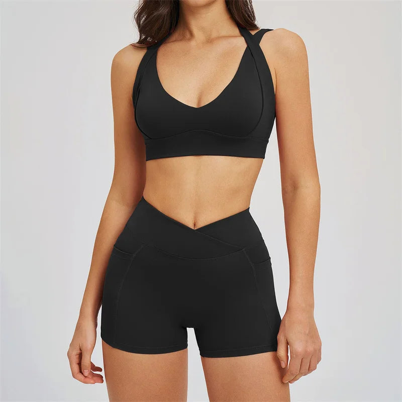 TRY TO BN Women's Tracksuit Shorts Sports Gym Set Halter Neck Fitness Cross Waisted Short Running Two Pieces Suits Yoga Clothing