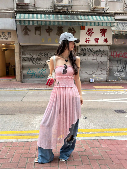 DEAT Fashion Distressed Ripped Wide Leg Jeans Women's Low Waist Frayed Hem Blue Denim Pants Summer New 7A4508