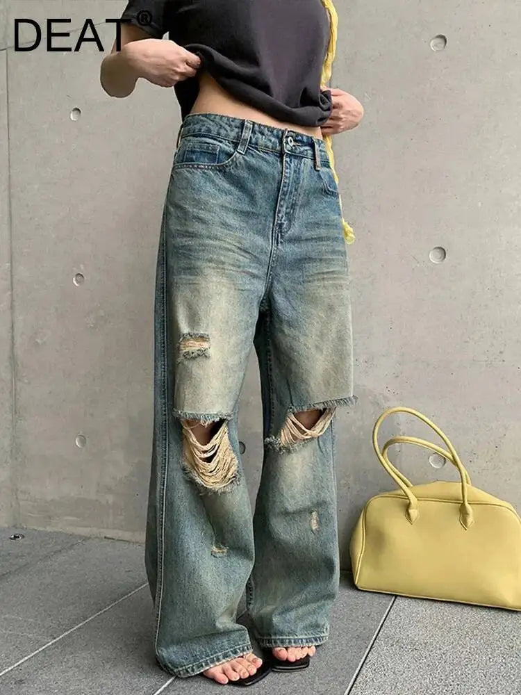 DEAT Fashion Destroyed Straight Leg Jeans Women's High Waist Light Blue Wide Leg Denim Pants Summer New 7A4549