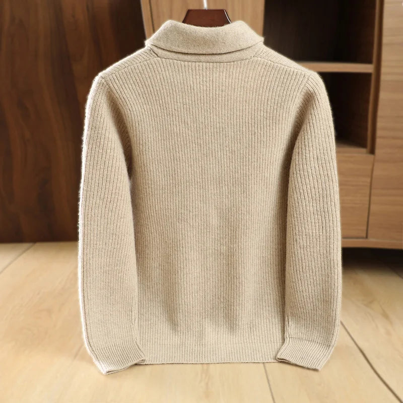 Men High Quality Polo Collar Cardigan Autumn Winter Thick Buttons 100% Merino Wool Sweater Smart Casual Coat Cashmere Knitwear