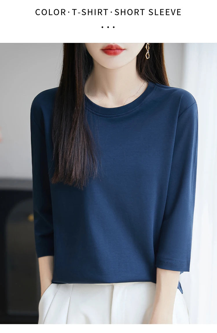 Spring And Summer New White Mercerized Cotton Short Sleeve T-Shirt Feminine Joker Cotton Cropped Sleeve Bottoming Shirt