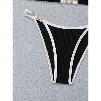 Black White Pearls High Cut Bikini Female Swimsuit Women Swimwear Two-pieces Bikini set Ribbed Bather Bathing Suit Swim V6315