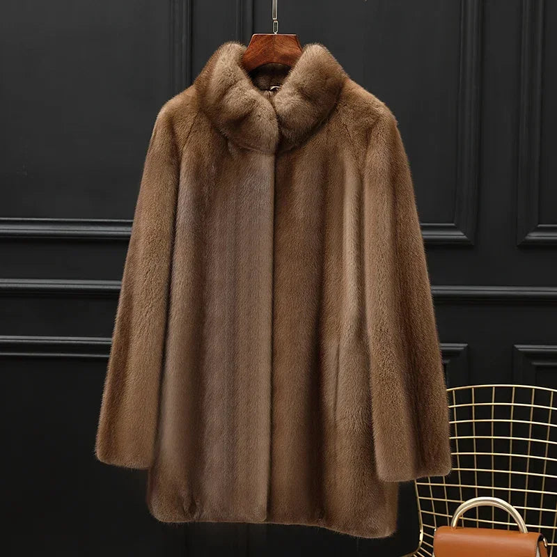 Real Mink Fur Coat Women Clothing Whole Mink Midi Long Fur Jacket 2023 Winter Clothes for Woman Stand Collar Abrigos Mujer FCY