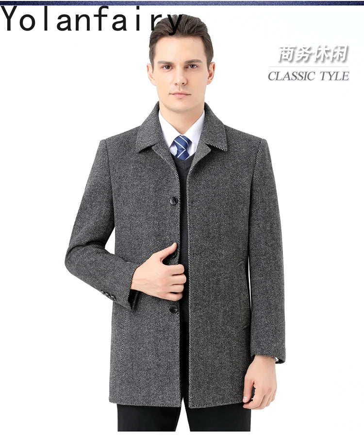 YOLANFAIRY 100% Cashmere Jacket for Men 2025 Autumn Winter Mid-length Wool Coats Man Clothing Casual Business Men's Woolen Coat