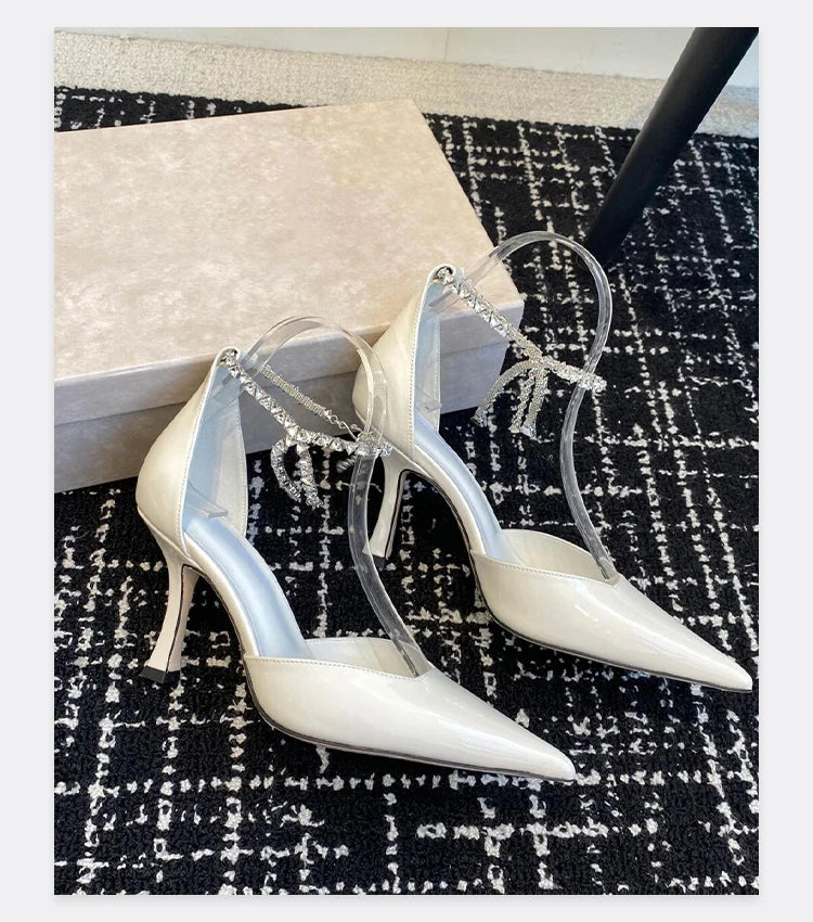 2025 Spring/Summer New Sexy and Versatile Hollow Pointed Shallow Mouth Fine Heel Chain Diamond High Heel Sandals for Women