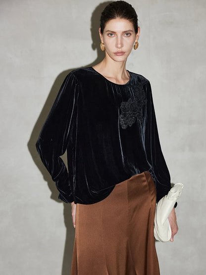 SuyaDream Women Black Blouses, 100%Silk Velour, Round Collar, Elegant Embriodery Velvet Shirts, 2026 Spring Summer Casual Top
