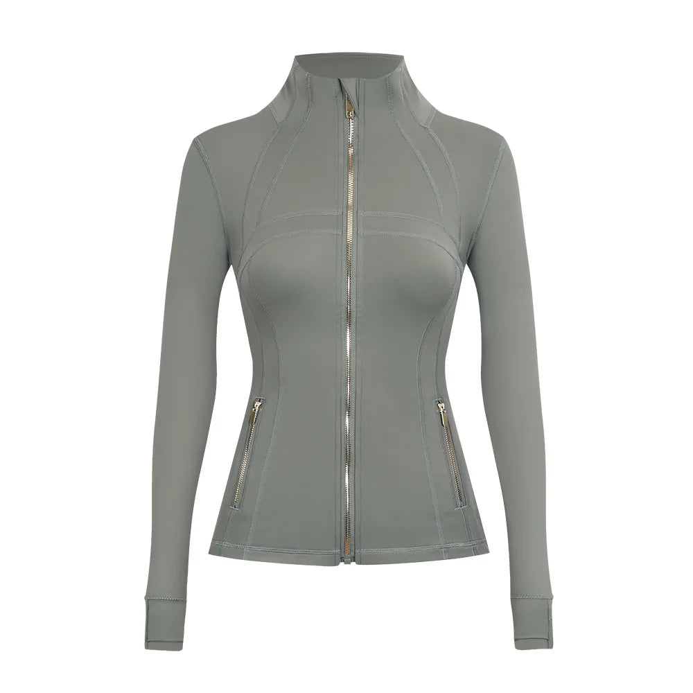 Personalized LOGO custom women's gold zip jacket tight stand-up collar quick-drying fitness running yoga suit 41-color S-3XL top