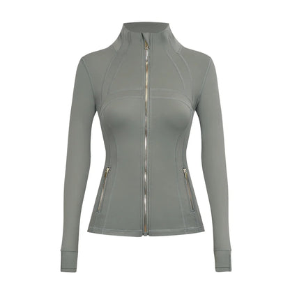 Personalized LOGO custom women's gold zip jacket tight stand-up collar quick-drying fitness running yoga suit 41-color S-3XL top