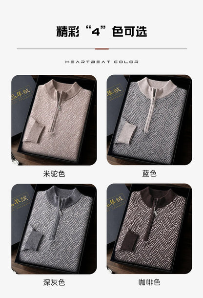 Men's 100% Merino Wool Jacquard Sweater Mock Collar Half Zip Thick Pullover Autumn Winter Cashmere Knitwear Long Sleeved Top