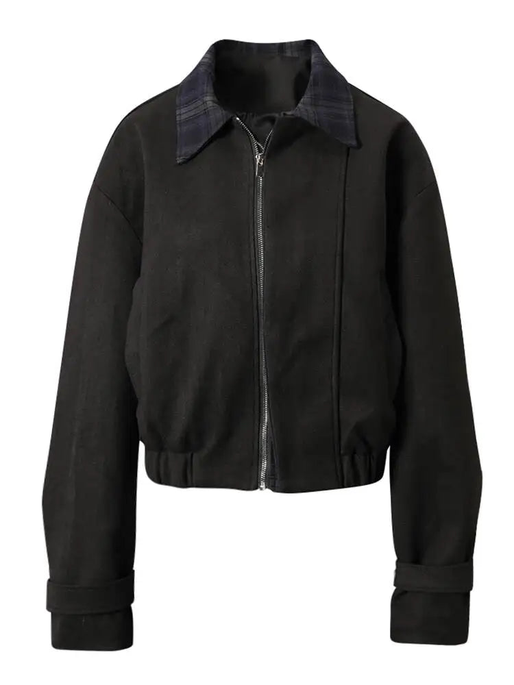 DEAT Fashion Cropped Bomber Jacket Women's Plaid Collar Loose Black Zipper Outerwear Short Coat Spring Autumn New