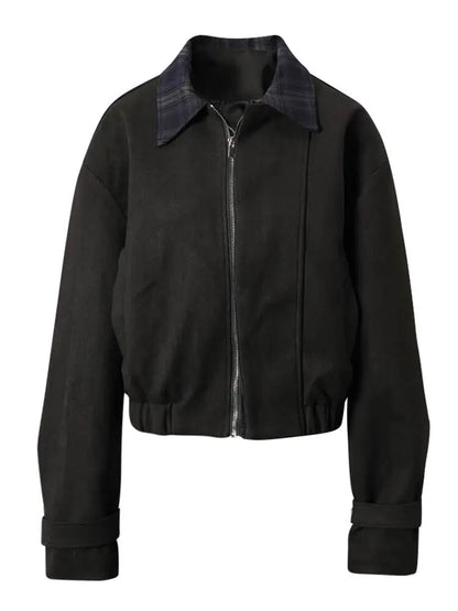 DEAT Fashion Cropped Bomber Jacket Women's Plaid Collar Loose Black Zipper Outerwear Short Coat Spring Autumn New