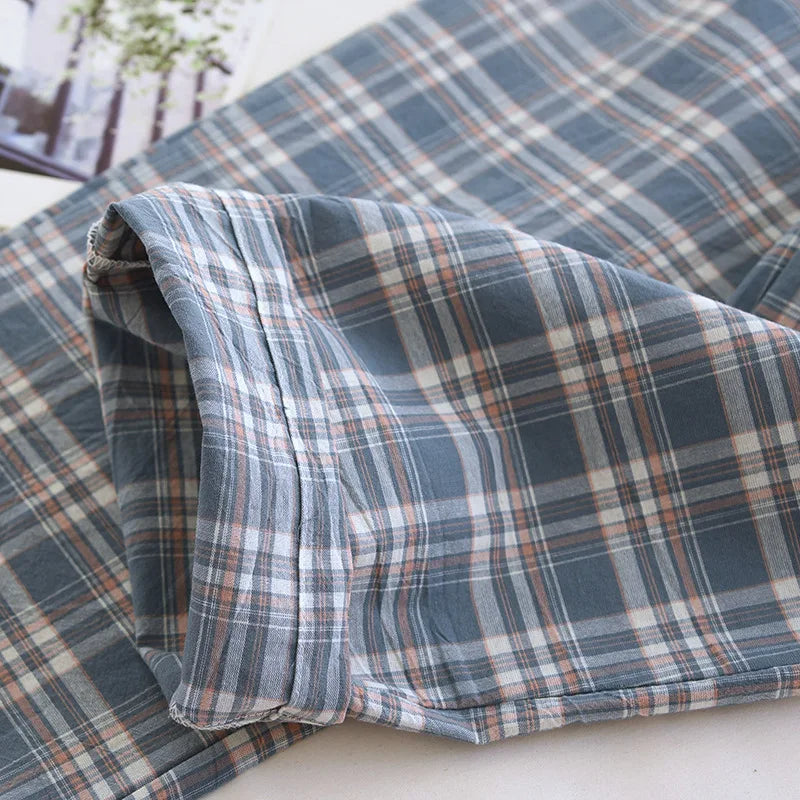 2026 New Spring and Autumn Men's Sleeper Pants 100% Cotton Gauze Japanese Checkered Pants Elastic Waist Home Pants Sleepwear