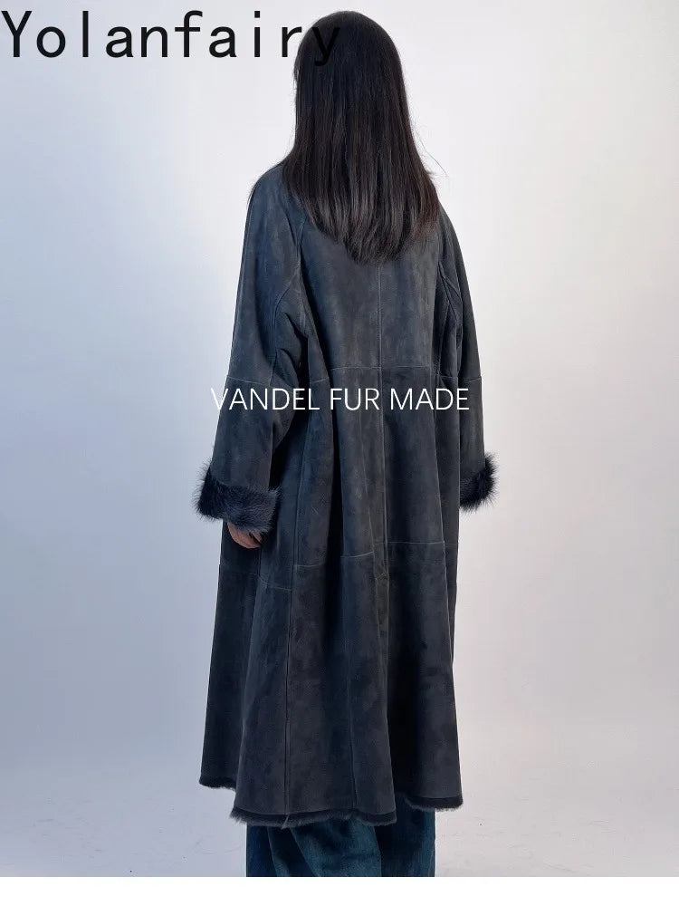 YOLANFAIRY Real Goatskin Leather Fur Coats for Women Winter High-end Natural Fur Coat Lazy Style Long Leather Jacket Luxury Wear