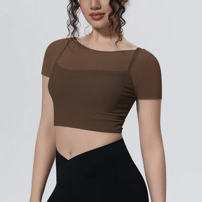 Hearuisavy Women's Mesh Short Sleeve Yoga Top With Padded Bra Fake Two Piece Gym Clothing Quick Dry Sports Crop Top Fitness Top