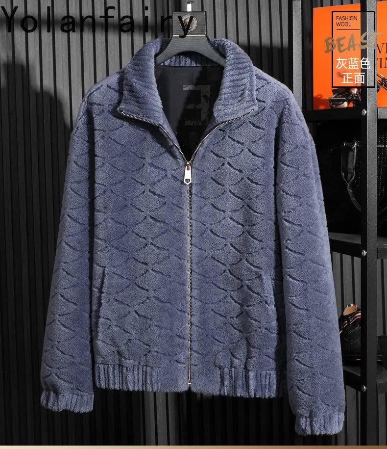 YOLANFAIRY Winter 100% Sheep Shearing Jacket Man Clothing Fashion Stand Collar Granular Lamb Fur Coat Men's Jackets chaqueta